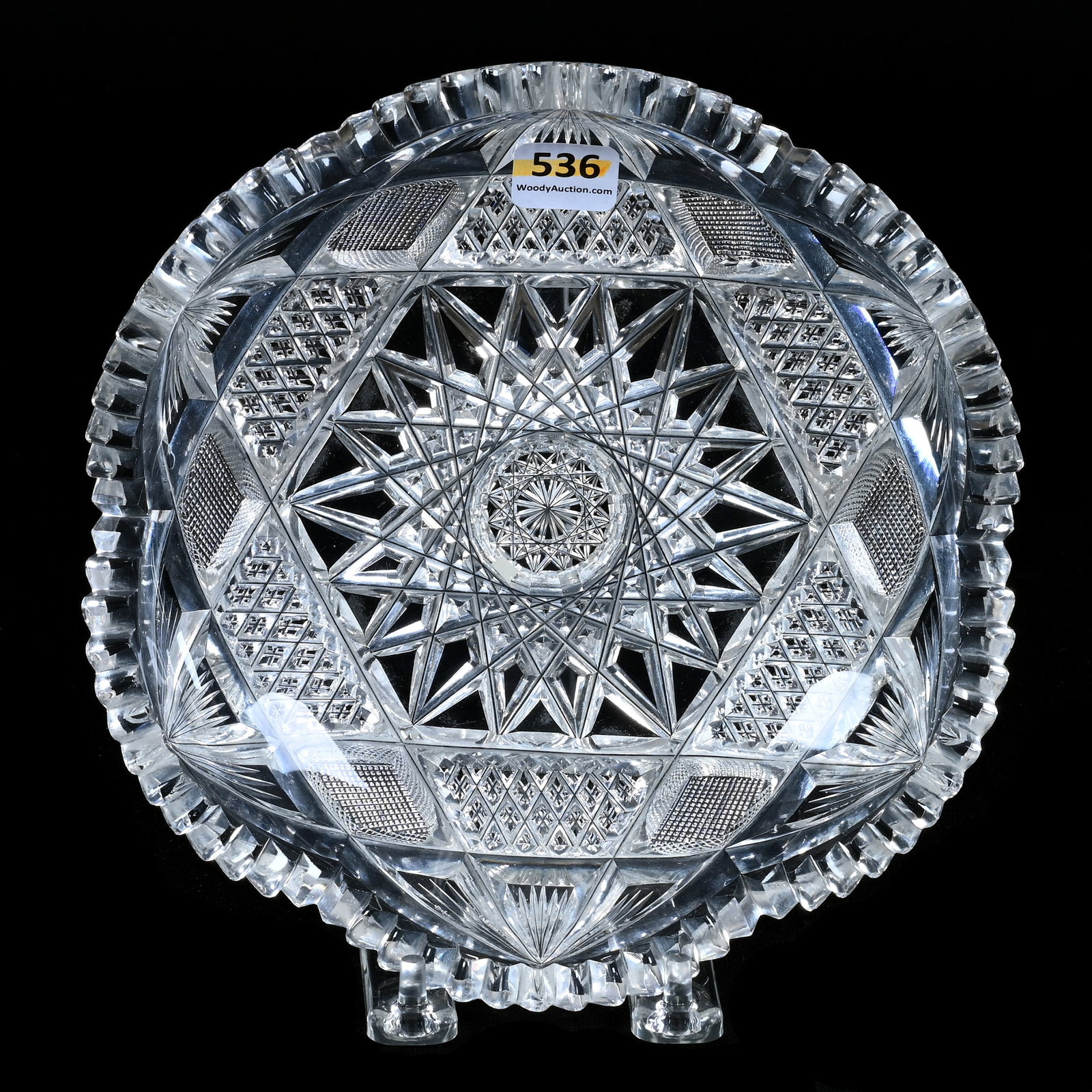 Low Bowl, American Brilliant Cut Glass, Six-Point Hobstar Center With Crosshatch, Crosscut Diamond &: Low Bowl, American Brilliant Cut Glass, Six-Point Hobstar Center With Crosshatch, Crosscut Diamond And Fan, 8", Tooth Chip, Sherri Schott Collection, Kansas.