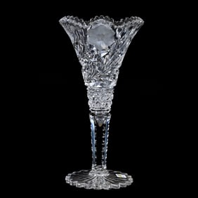 Trumpet Vase, American Brilliant Cut Glass, Harvard Band With Engraved Floral Highlights