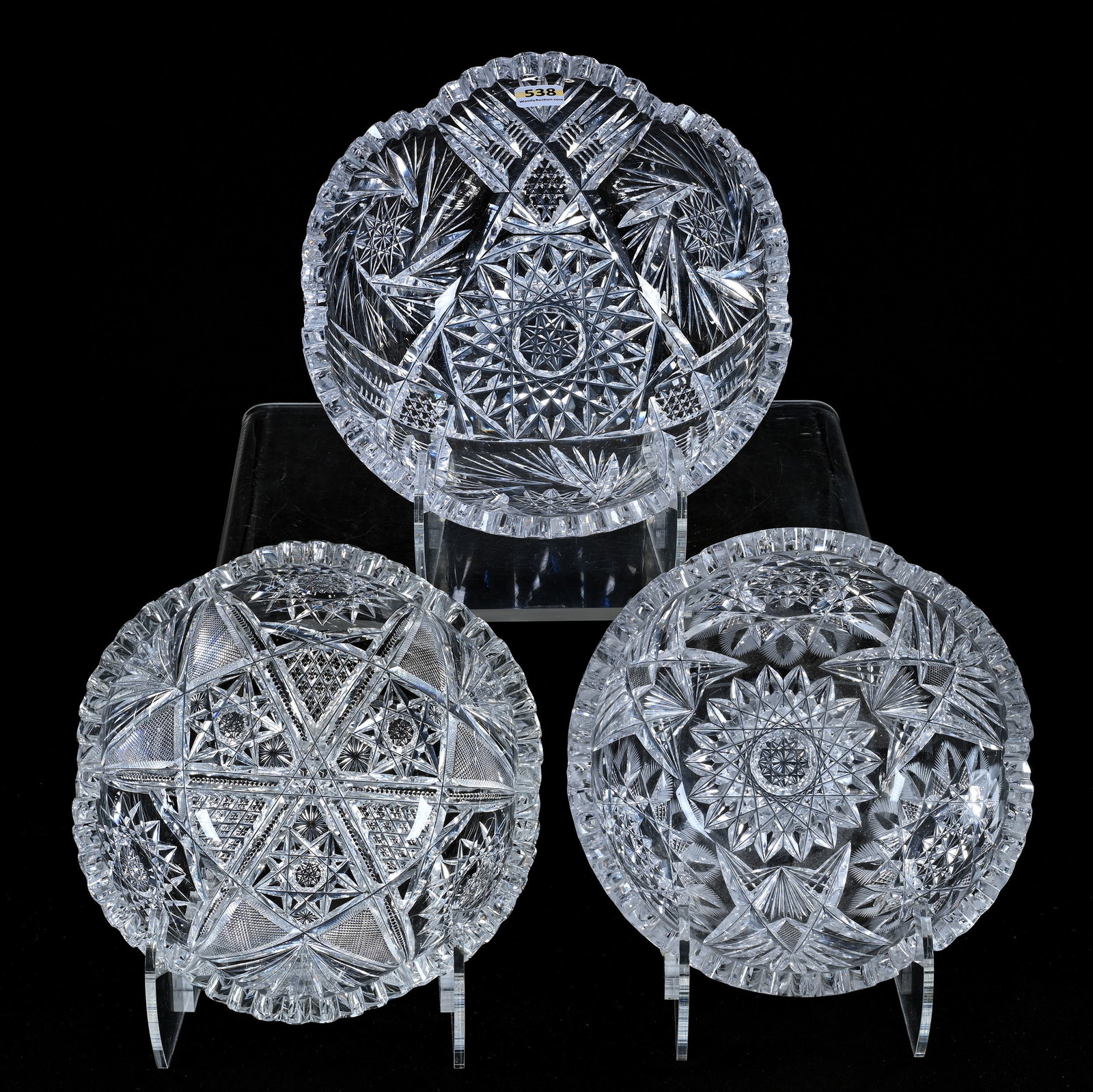 (3) Bowls American Brilliant Cut Glass, Various Patterns: (3) Bowls American Brilliant Cut Glass, Various Patterns, (1) 9" Pinwheel Motif, (1) 8" Hobstar, Crosscut Diamond, Crosshatch, Prism And Fan, (1) 8" Hobstar Center With Snowflake Style Hobstar And Fan