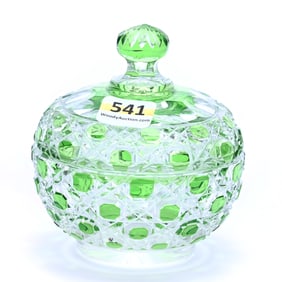 Covered Jar, Brilliant Period Cut Glass, Green Cut To Clear, Cane Pattern