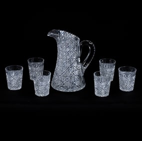 Water Set, American Brilliant Cut Glass, Harvard Pattern Attributed To Bergen