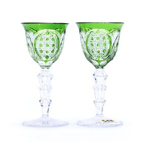 Pair Cordial Stems, Brilliant Period Cut Glass, Green Cut To Clear