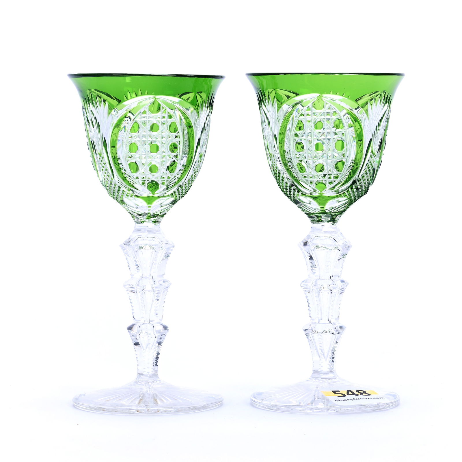 Pair Cordial Stems, Brilliant Period Cut Glass, Green Cut To Clear: Pair Cordial Stems, Brilliant Period Cut Glass, Green Cut To Clear, 4.75" x 2.25", Cane, Vesica, Tusk, Crosshatch And Fan Motif, Attributed To Val St. Lambert, Ray Cut Foot, Sherri Schott Collection,