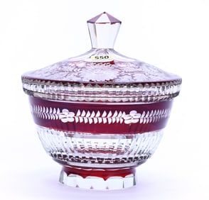Covered Bowl, Brilliant Period Cut Glass, Ruby Cut To Clear
