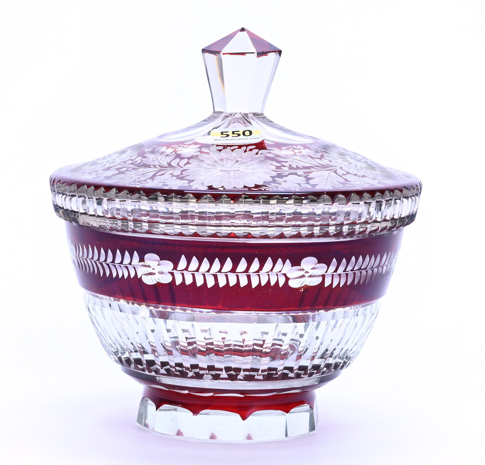 Covered Bowl, Brilliant Period Cut Glass, Ruby Cut To Clear: Covered Bowl, Brilliant Period Cut Glass, Ruby Cut To Clear, 7.25" x 6.75", Engraved Floral Highlights, Probably Bohemian, Sherri Schott Collection, Kansas.