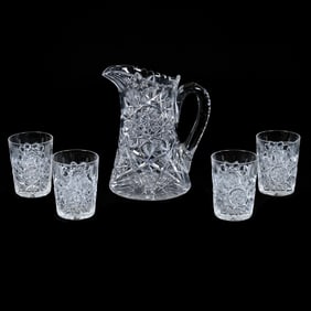 Water Set, American Brilliant Cut Glass, Snowflake Style Hobstar With Geometric Highlights, (1)