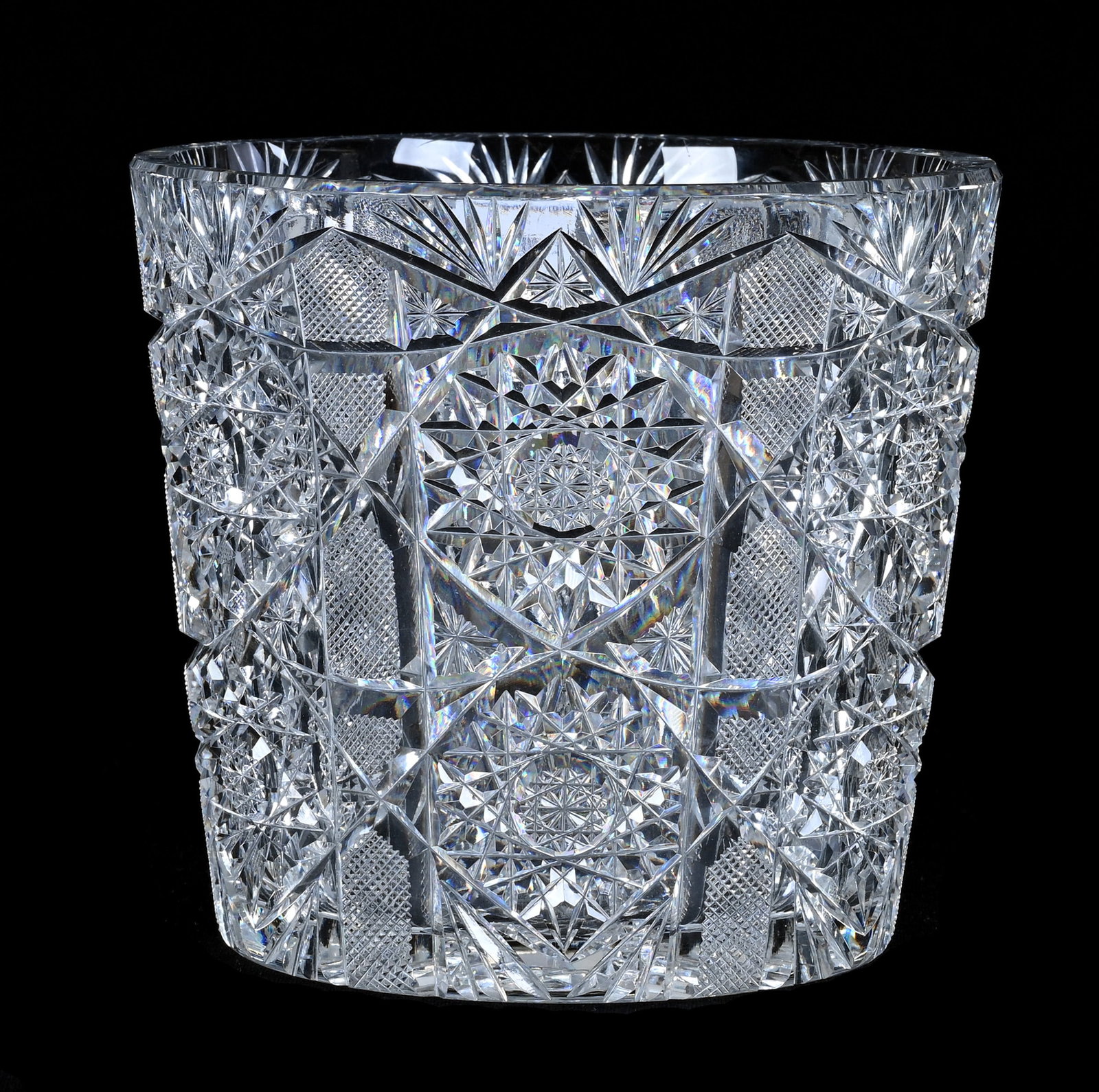 Ice Tub, American Brilliant Cut Glass, Hobstar, Crosshatch, Star And Fan Motif: Ice Tub, American Brilliant Cut Glass, Hobstar, Crosshatch, Star And Fan Motif, 5" x 5.5", Hobstar Base, Sherri Schott Collection, Kansas.