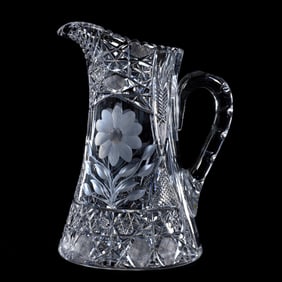 Pitcher, American Brilliant Cut Glass, Engraved Floral With Diamond And Geometric Motifs