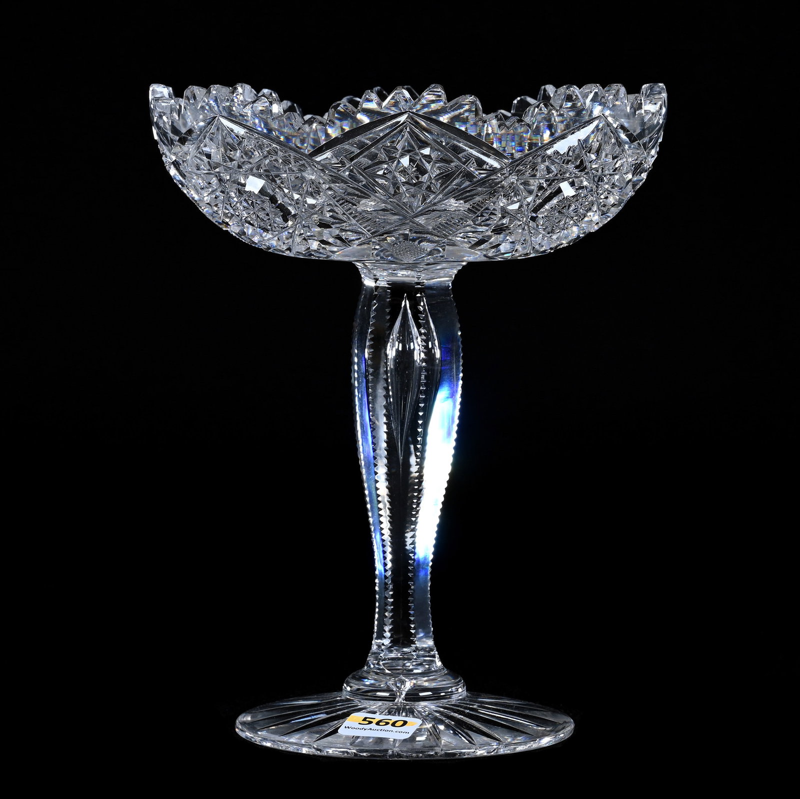 Compote, American Brilliant Cut Glass, Hobstar, Crosshatch And Zipper Motif: Compote, American Brilliant Cut Glass, Hobstar, Crosshatch And Zipper Motif, 7.75" x 6.25", Notched Teardrop Stem, Ray Cut Foot, Minor Outside Rim Nick, Sherri Schott Collection, Kansas.