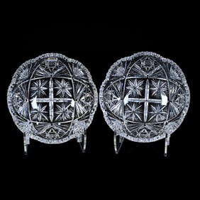 Pair Bowls, American Brilliant Cut Glass, Four Block Star Center, Hobstar, Vesica And Fan Highlights