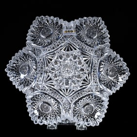 Bowl, Six-Sided, American Brilliant Cut Glass, Hobstar Center With Cane, Crosshatch And Hobstar