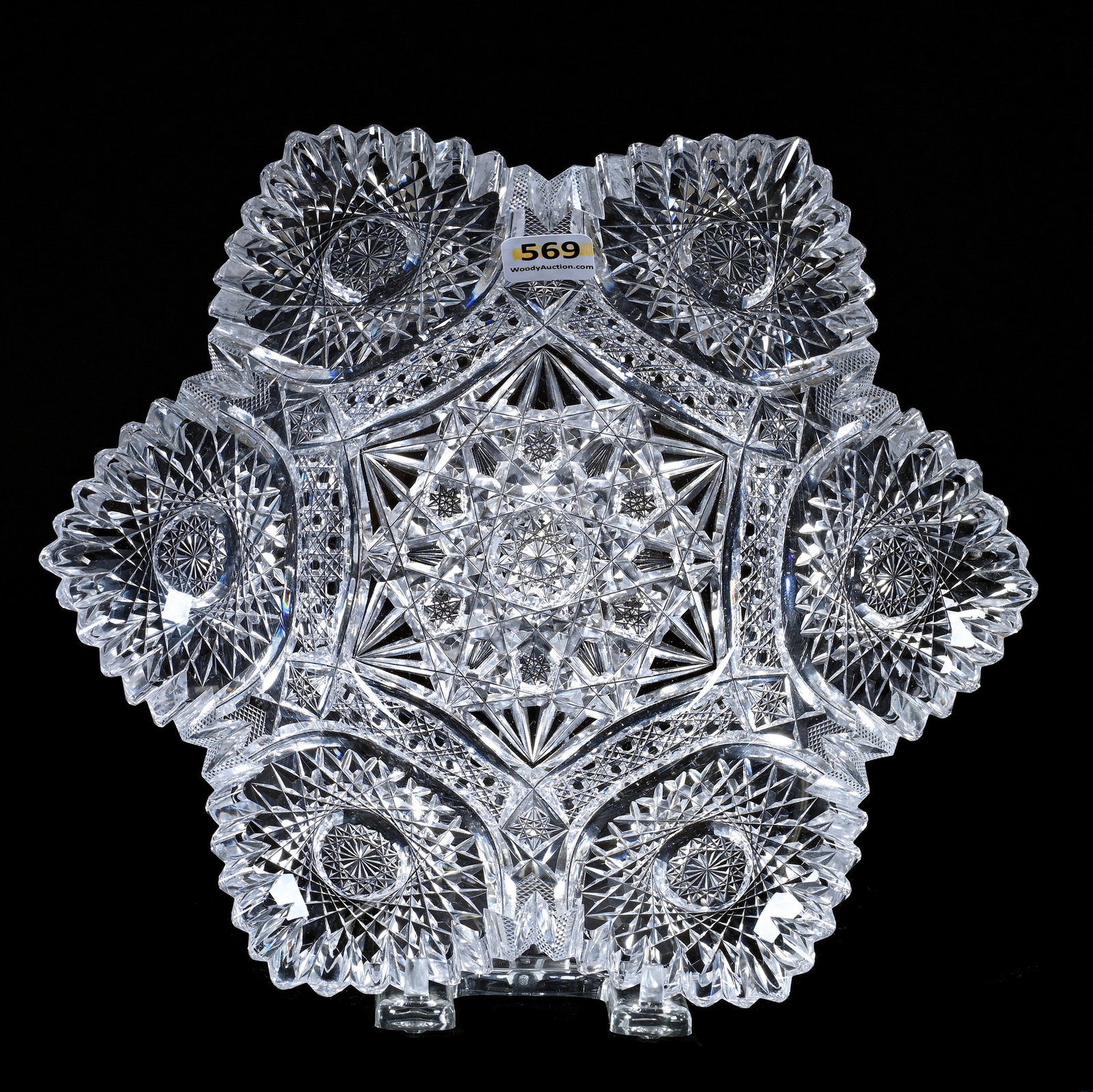 Bowl, Six-Sided, American Brilliant Cut Glass, Hobstar Center With Cane, Crosshatch And Hobstar: Bowl, Six-Sided, American Brilliant Cut Glass, Hobstar Center With Cane, Crosshatch And Hobstar Highlights, 9.25", Sherri Schott Collection, Kansas.