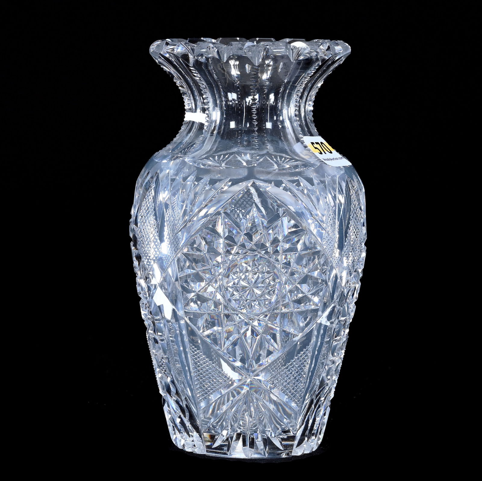Vase, American Brilliant Cut Glass, Hobstar, Crosshatch, Prism And Fan Motif: Vase, American Brilliant Cut Glass, Hobstar, Crosshatch, Prism And Fan Motif, 6.25" x 3.5", Ray Cut Base, Rim Chip, Sherri Schott Collection, Kansas.