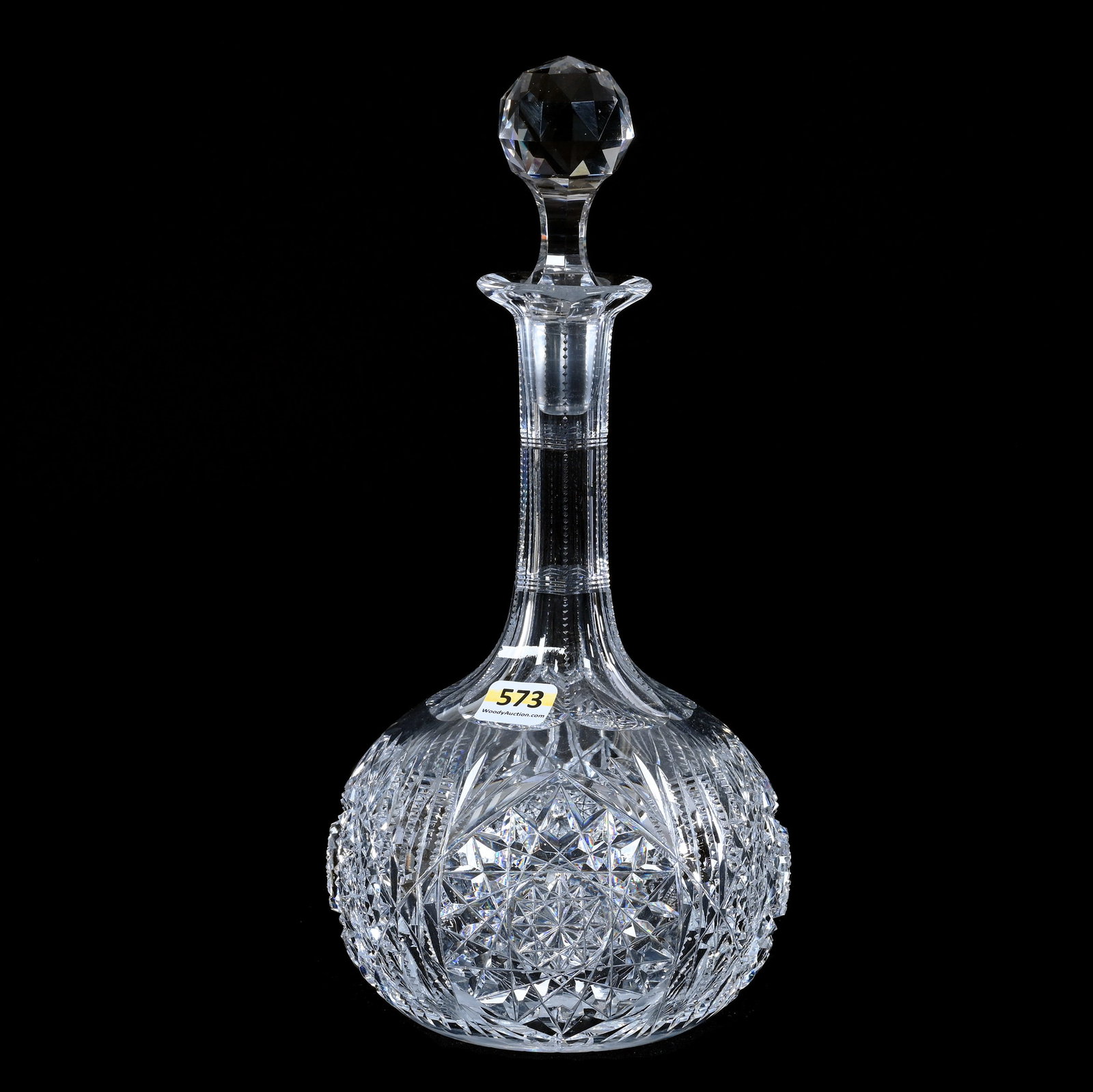 Decanter, American Brilliant Cut Glass, Alternating Hobstar And Prism Motif, Fan Highlights: Decanter, American Brilliant Cut Glass, Alternating Hobstar And Prism Motif, Fan Highlights, 11.5" x 5.5", Ray Cut Base, Sherri Schott Collection, Kansas.