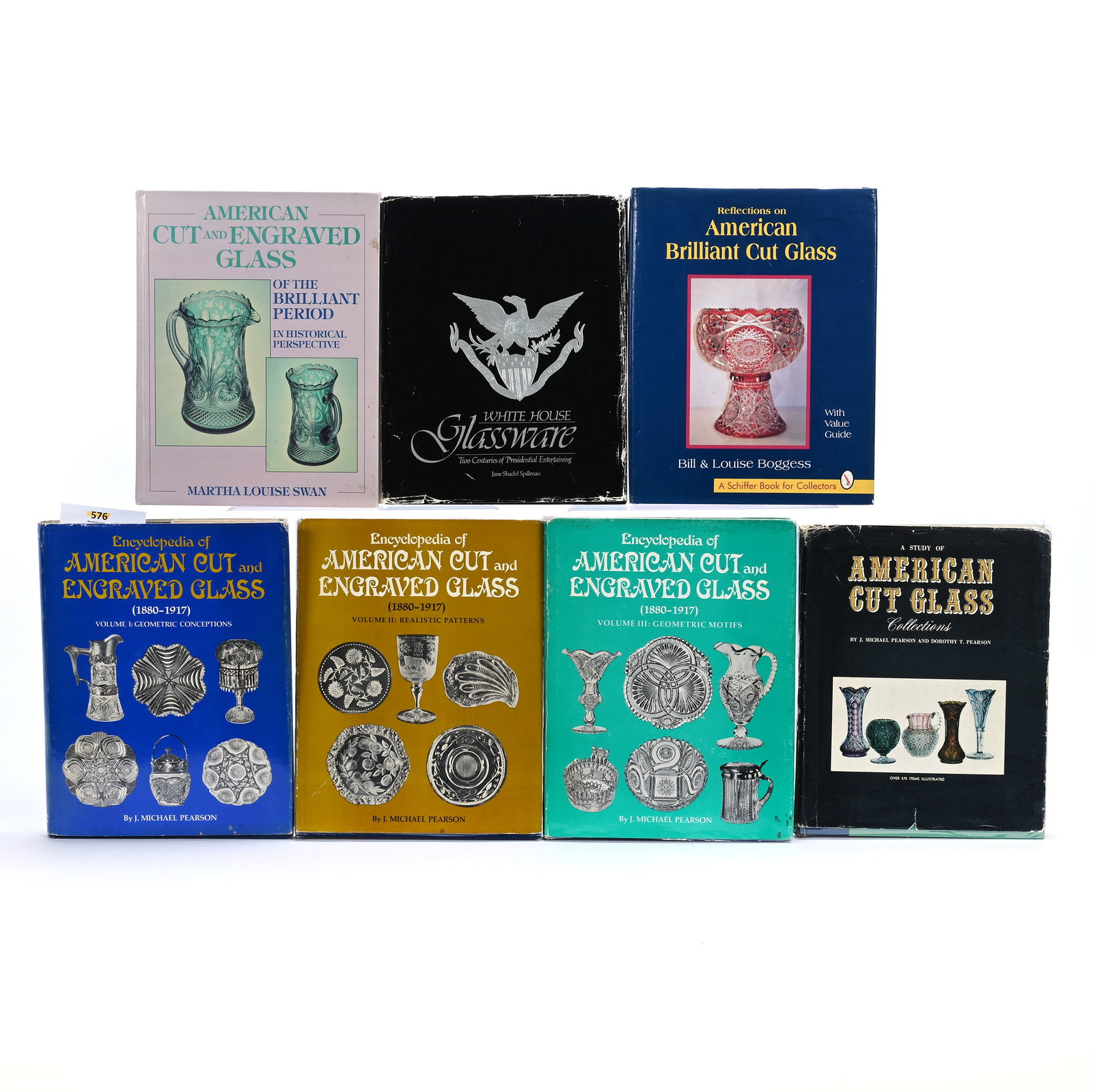 (7) Books About American Brilliant Cut Glass: (7) Books About American Brilliant Cut Glass, (3) Encyclopedia Of American Cut And Engraved Glass By J. Michael Pearson, Volumes 1, 2 And 3. 1975, 1977, 1978, (1) Study Of American Cut Glass Collectio