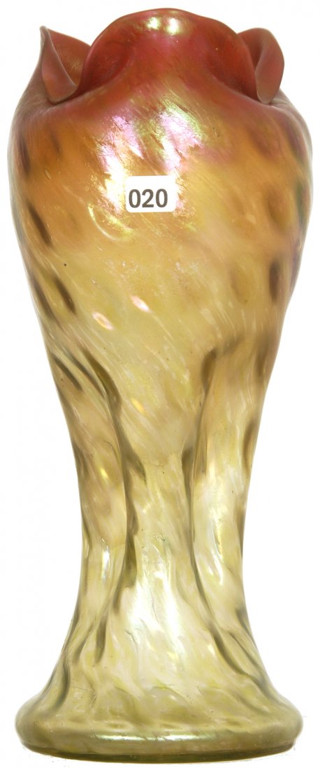 13 1/4" RINDSKOPH GRENADA "LOETZ STYLE" ART GLASS VASE: 13 1/4" RINDSKOPH GRENADA "LOETZ STYLE" ART GLASS VASE IRIDESCENT GREEN WITH RED TRIM - PEPITA LINE