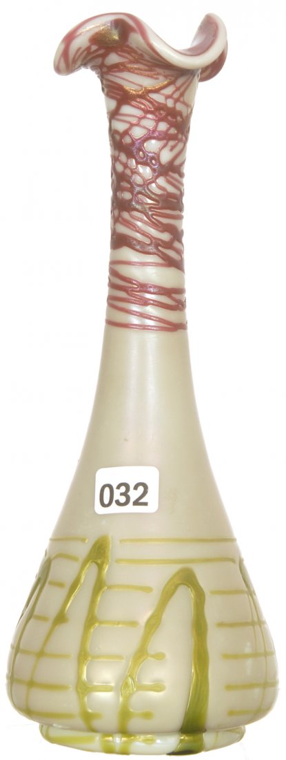 9 1/2" KRALIK (LOETZ STYLE) ART GLASS VASE: 9 1/2" KRALIK (LOETZ STYLE) ART GLASS VASE WHITE BACKGROUND WITH RED AND GREEN THREADED DESIGNS - SIMILAR TO HYACINTH PATTERN