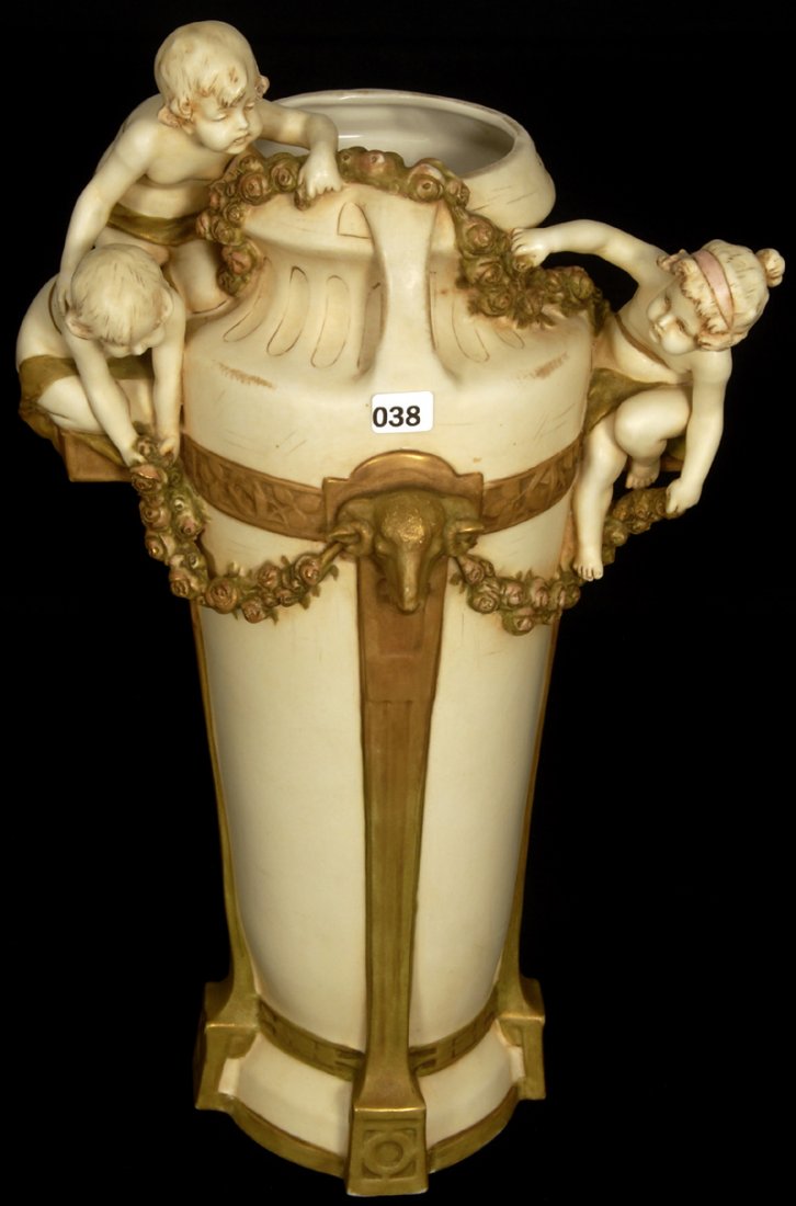19" ROYAL DUX (PINK TRIANGLE MARK) #1452 VASE: 19" ROYAL DUX (PINK TRIANGLE MARK) #1452 VASE FIGURAL CHERUBS, RAMS HEAD AND FLORAL GARLAND MOTIF - GREAT CONDITION