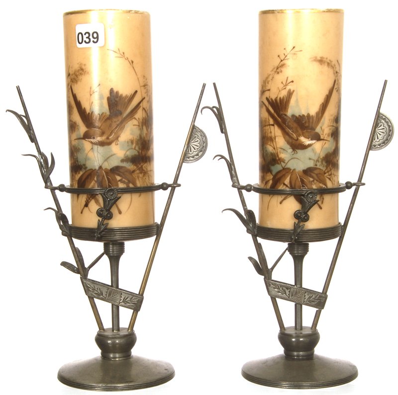 PAIR 10 1/2" CYLINDER VASES IN DECORATIVE SILVERPLATE S: PAIR 10 1/2" CYLINDER VASES IN DECORATIVE SILVERPLATE STANDS BRISTOL GLASS VASES WITH BROWN EXTERIOR AND BIRD DECOR - SET IN NEW HAVEN SILVERPLATE FRAME