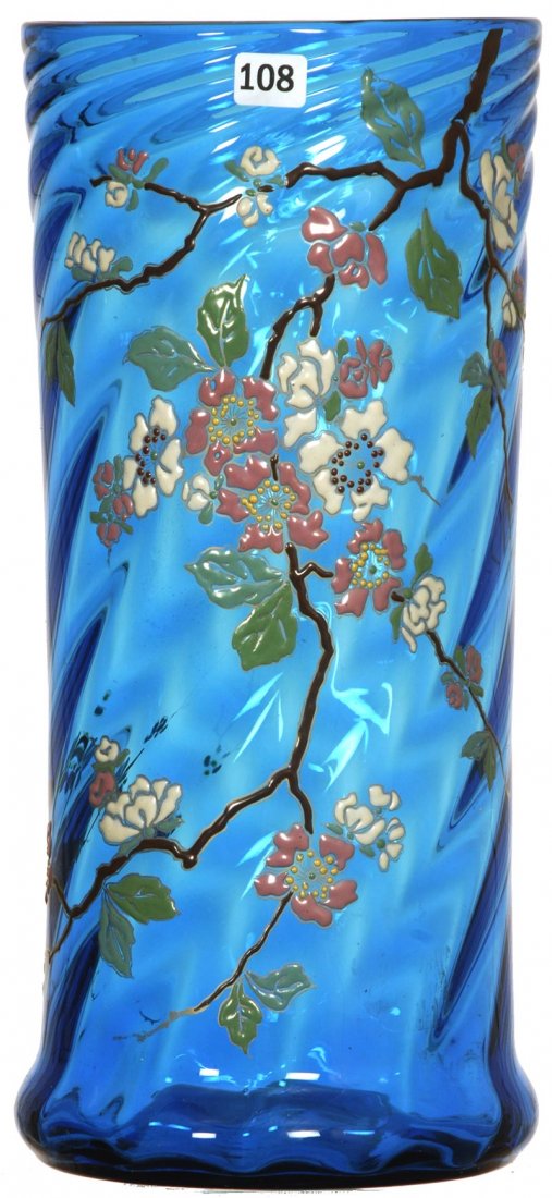 14 1/4" SAPPHIRE BLUE SWIRL MOLD ART GLASS CYLINDER VAS: 14 1/4" SAPPHIRE BLUE SWIRL MOLD ART GLASS CYLINDER VASE HEAVY ENAMEL BLOSSOM AND BRANCH DECOR - MT JOYE STYLE - VERY NICE