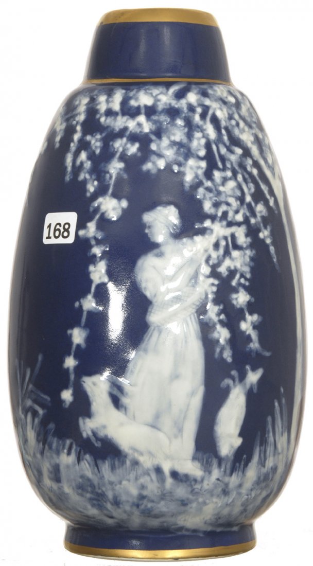 11" OBJETS D'ART "MARCEL CHAUFRIASSE" LIMOGES PATE-SUR-: 11" OBJETS D'ART "MARCEL CHAUFRIASSE" LIMOGES PATE-SUR-PATE VASE COBALT BLUE BACKGROUND WITH WHITE DECORATIVE SCENE WITH WOMAN AND GOATS