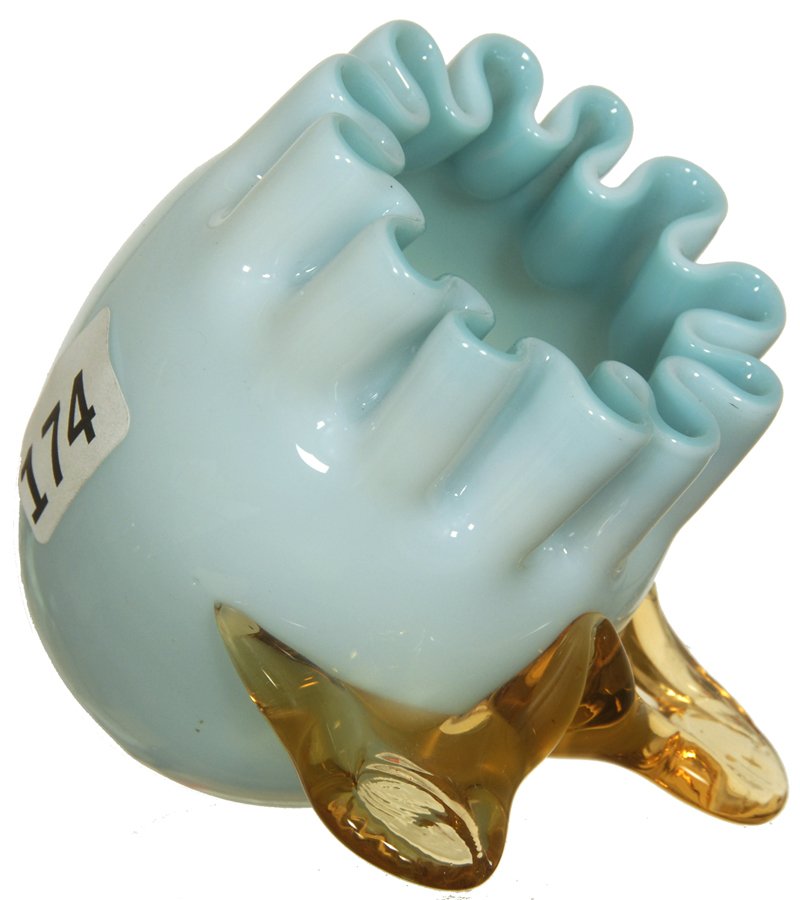 3 1/4" STEVENS AND WILLIAMS EGG SHAPED TOOTHPICK HOLDER: 3 1/4" STEVENS AND WILLIAMS EGG SHAPED TOOTHPICK HOLDER WHITE EXTERIOR - BLUE INTERIOR - APPLIED AMBER FEET - CRIMPED RIM