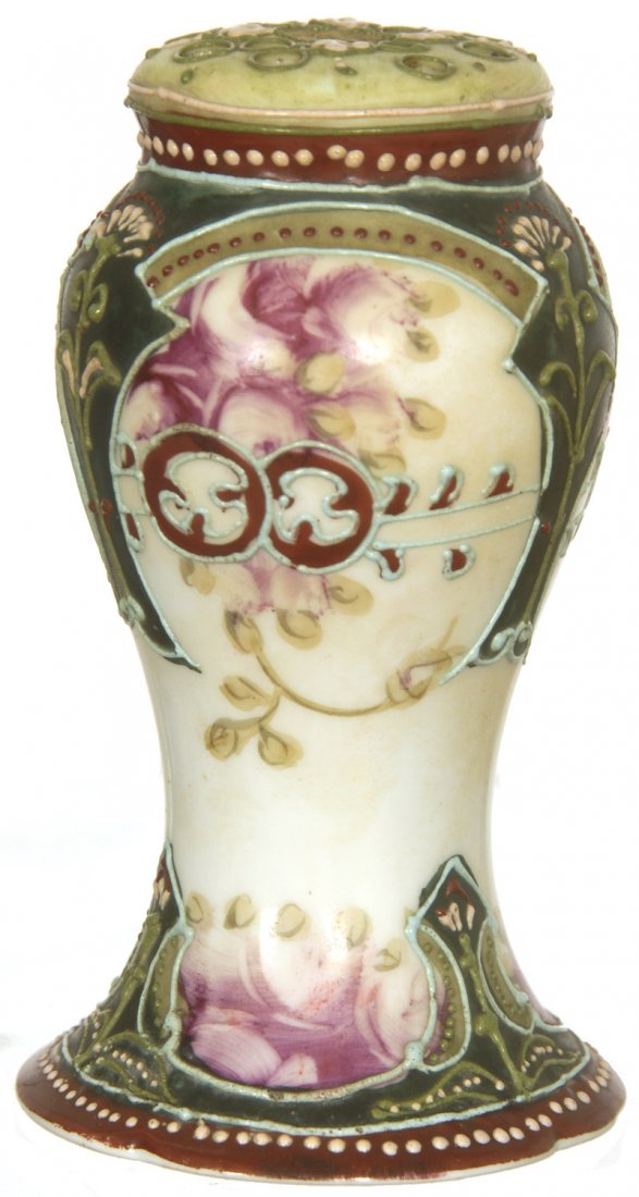 4" UNMARKED NIPPON CORSET SHAPED HATPIN HOLDER: 4" UNMARKED NIPPON CORSET SHAPED HATPIN HOLDER WHITE AND CREAM BACKGROUND WITH GREEN AND MAROON BORDER HIGHLIGHTS - FLORAL DECOR