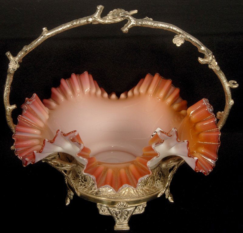 9 1/2" X 10" BRIDES BASKET: 9 1/2" X 10" BRIDES BASKET PINK & WHITE CASED ART GLASS RUFFLED BOWL SET ON MERIDEN SILVER PLATE "BLOSSOM & BRANCH FRAME