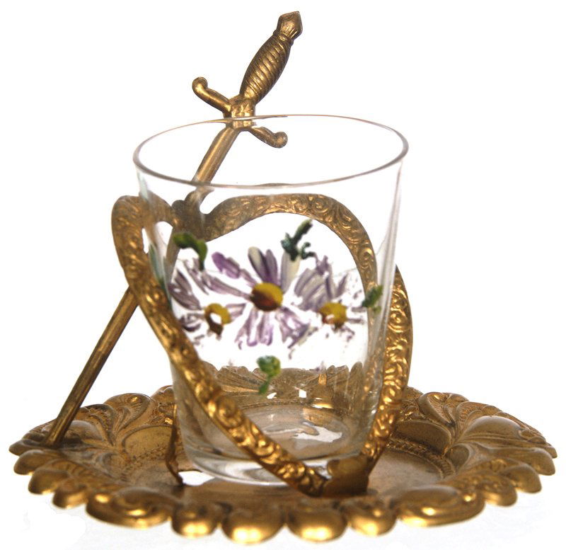 2 1/2" VICTORIAN TOOTHPICK HOLDER: 2 1/2" VICTORIAN TOOTHPICK HOLDER CLEAR ART GLASS INSERT W/ ENAMEL FLORAL DECOR SET ON GILT METAL FRAME W/ SWORD DESIGN
