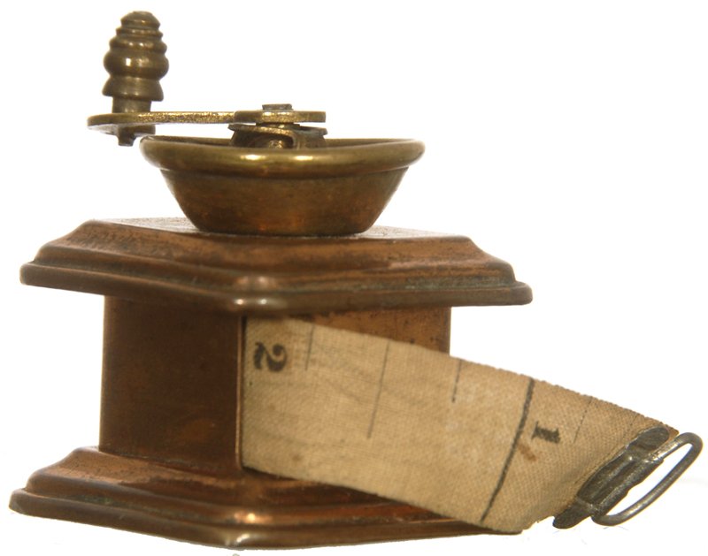NOVELTY! 1 1/4" UNMARKED GERMANY FIGURAL BRASS & COPPER: NOVELTY! 1 1/4" UNMARKED GERMANY FIGURAL BRASS & COPPER TAPE MEASURE IN THE SHAPE OF A COFFEE GRINDER - HANDLE WORKS AS WIND-UP MECHANISM - VERY CLEVER
