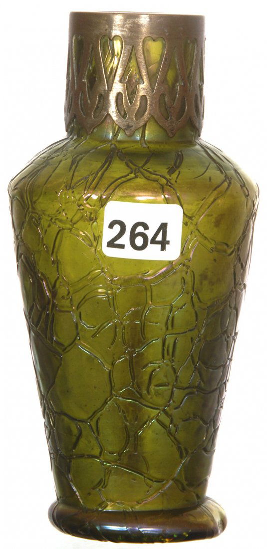 6" UNMARKED LOETZ STYLE ART GLASS VASE: 6" UNMARKED LOETZ STYLE ART GLASS VASE IRIDESCENT GREEN WITH METAL COLLAR - HARD TO SEE BASE CRACK