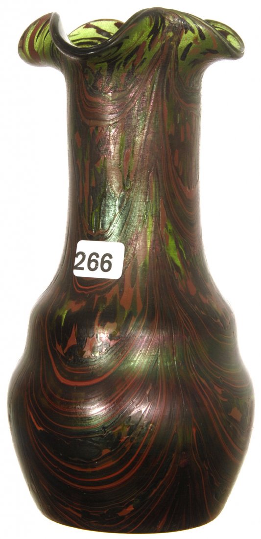 8 3/4" LOETZ STYLE IRIDESCENT ART GLASS VASE: 8 3/4" KRALIK (LOETZ STYLE)"RED SWIRL" IRIDESCENT ART GLASS VASE GREEN W/ OXBLOOD SPLATTER & DRAPERY DESIGN