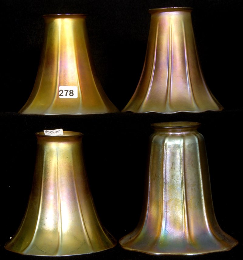 (3) 4 3/4" SIGNED STEUBEN GOLD IRIDESCENT RIBBED ART GL: (3) 4 3/4" SIGNED STEUBEN GOLD IRIDESCENT RIBBED ART GLASS SHADES INCLUDES (1) 5 1/4" GOLD IRIDESCENT SHADE