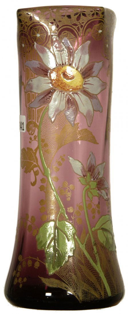 11" UNMARKED MT JOYE AMETHYST ART GLASS VASE: 11" UNMARKED MT JOYE AMETHYST ART GLASS VASE HEAVY ENAMEL SUNFLOWER DECOR WITH GOLD STENCIL HIGHLIGHTS - SQUARE TOP