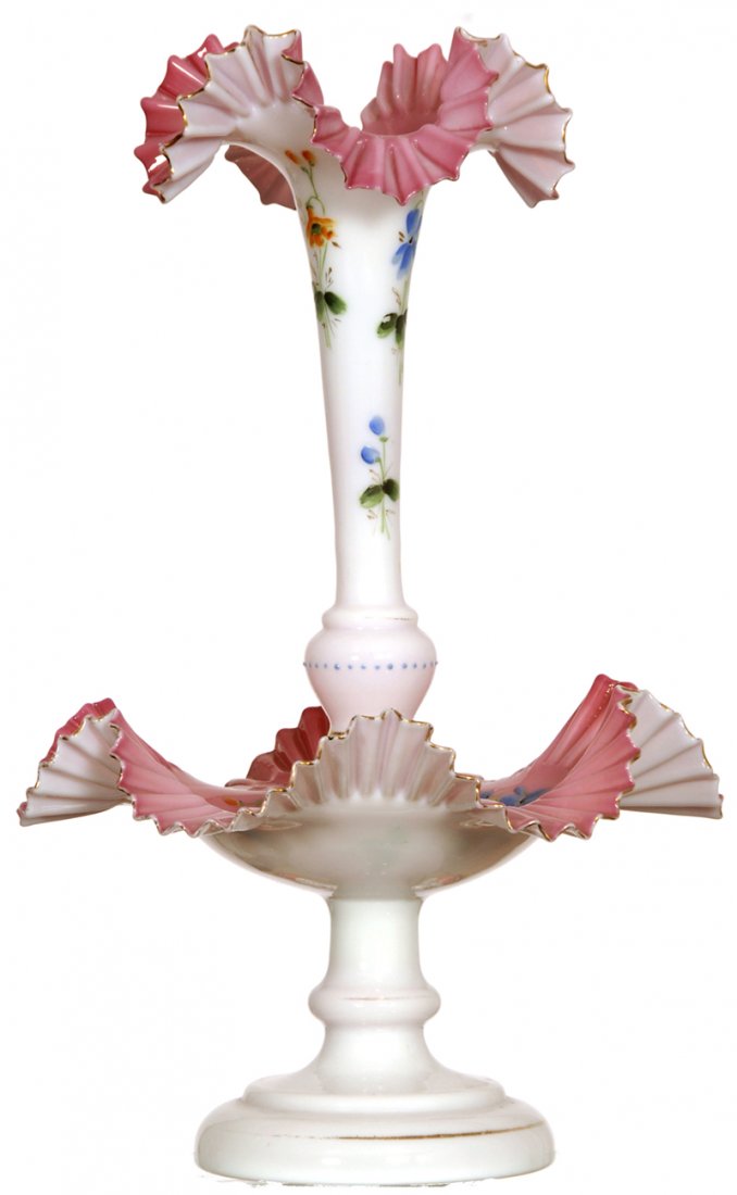 16" PINK AND WHITE CASE ART GLASS SINGLE LILY PEDESTAL: 16" PINK AND WHITE CASE ART GLASS SINGLE LILY PEDESTAL EPERGNE ENAMEL FLORAL DECOR