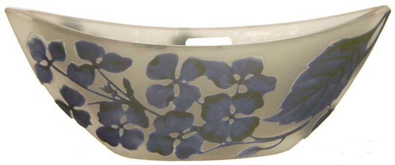 2 1/2" X 6 3/4" SIGNED *GALLE FRENCH CAMEO CANOE SHAPED: 2 1/2" X 6 3/4" SIGNED *GALLE FRENCH CAMEO CANOE SHAPED ART GLASS VASE FROSTED WHITE BACKGROUND WITH LAVENDER AND GREEN LEAF AND BLOSSOM DECOR