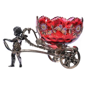 Victorian Brides Basket, Magnificent Figural Brides Basket With Coralene Art Glass Bowl