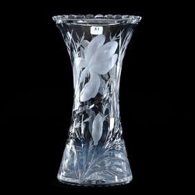 Vase, American Brilliant Cut Glass, Signed Hawkes, Gravic Iris Pattern