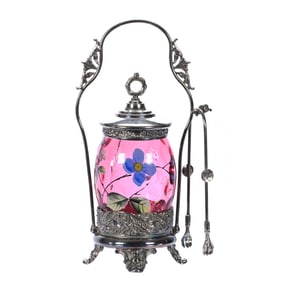 Victorian Pickle Castor, Cranberry Coinspot Insert With Enameled Floral Decor