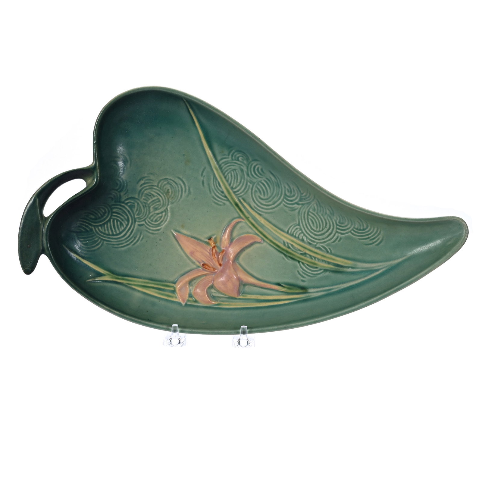 Leaf Shaped Tray, Marked Roseville, Art Pottery, Zephyr Lily Pattern: 1.7 lbs, 14.5" x 8", Leaf Shaped Tray, Marked Roseville, Art Pottery, Zephyr Lily Pattern, Green Tones, Small Glaze Nick Repair On Edge, New Mexico Private Collection.
