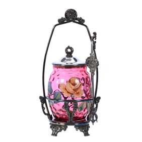 Victorian Pickle Castor, Cranberry Coinspot Art Glass Insert With Enamel Rose Decor