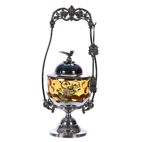 Victorian Pedestal Pickle Castor, Amber Coinspot Art Glass Insert, Enamel Strawberry And Floral