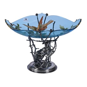Victorian Brides Basket, Blue Art Glass Bowl With Heavy Enamel Bird, Blossom, And Branch Decor