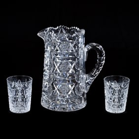 Water Set, American Brilliant Cut Glass, Signed Hawkes Princess Pattern