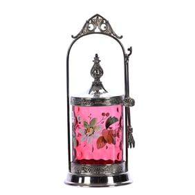 Victorian Pickle Castor, Cranberry Coinspot Art Glass Insert With Enamel Floral Decor