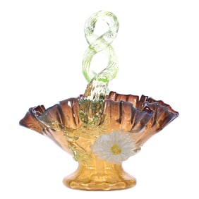Basket, Amber Opalescent Art Glass With Lavender Border