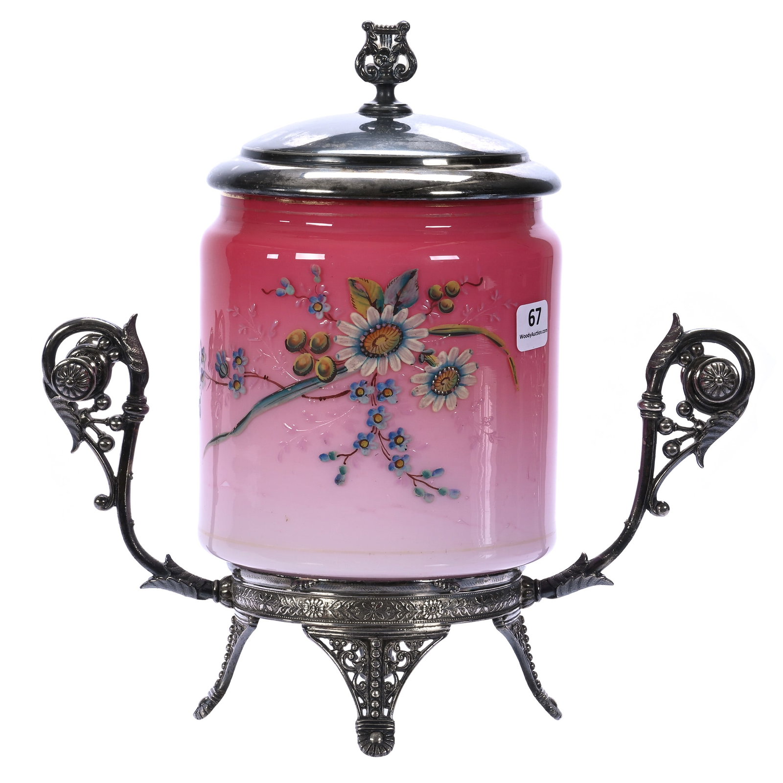Biscuit Jar, Cased Peachblow Art Glass With Enameled Floral Decor (1 of 4)