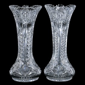 Pair Vases, American Brilliant Cut Glass, Camelia Pattern By Clark