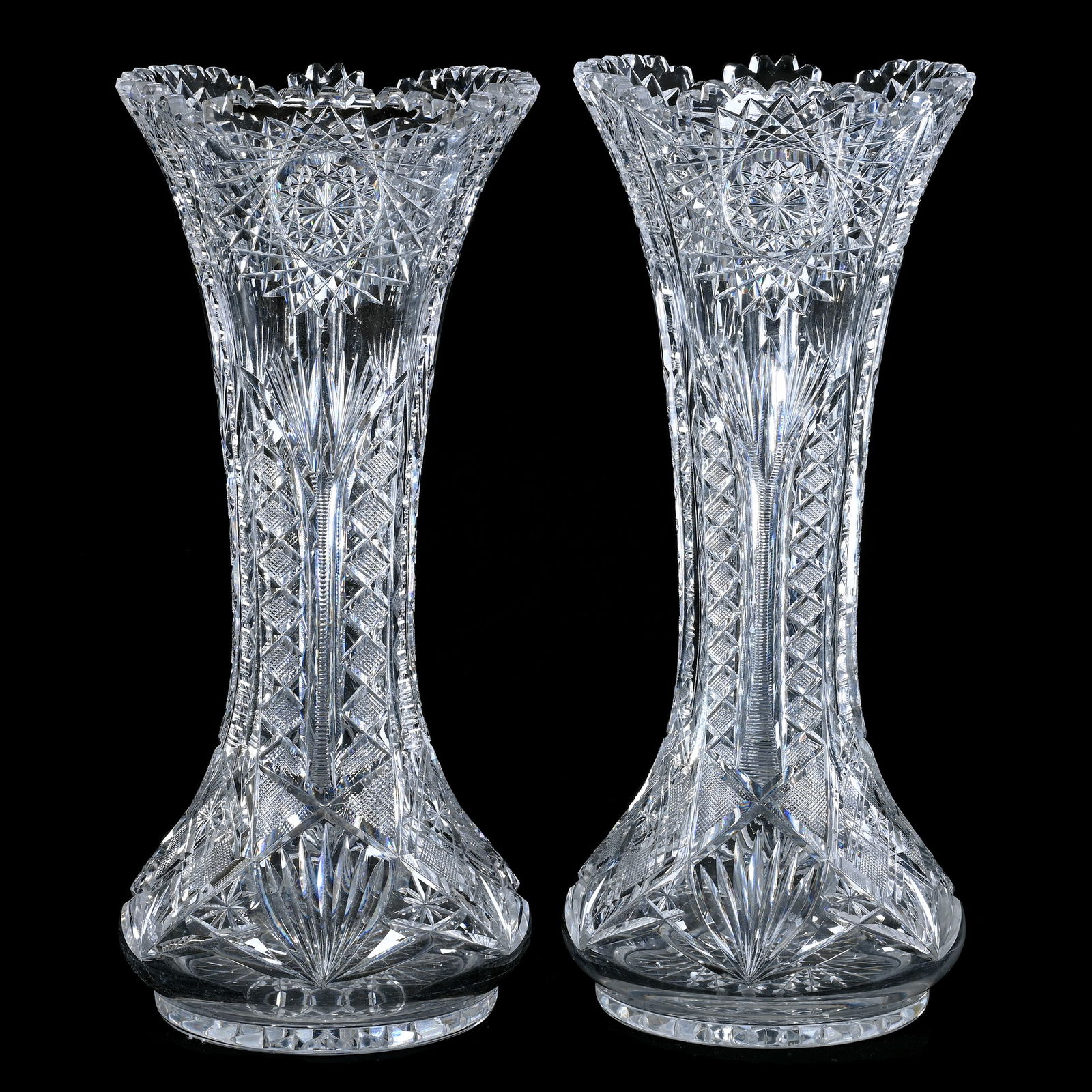 Pair Vases, American Brilliant Cut Glass, Camelia Pattern By Clark (1 of 4)