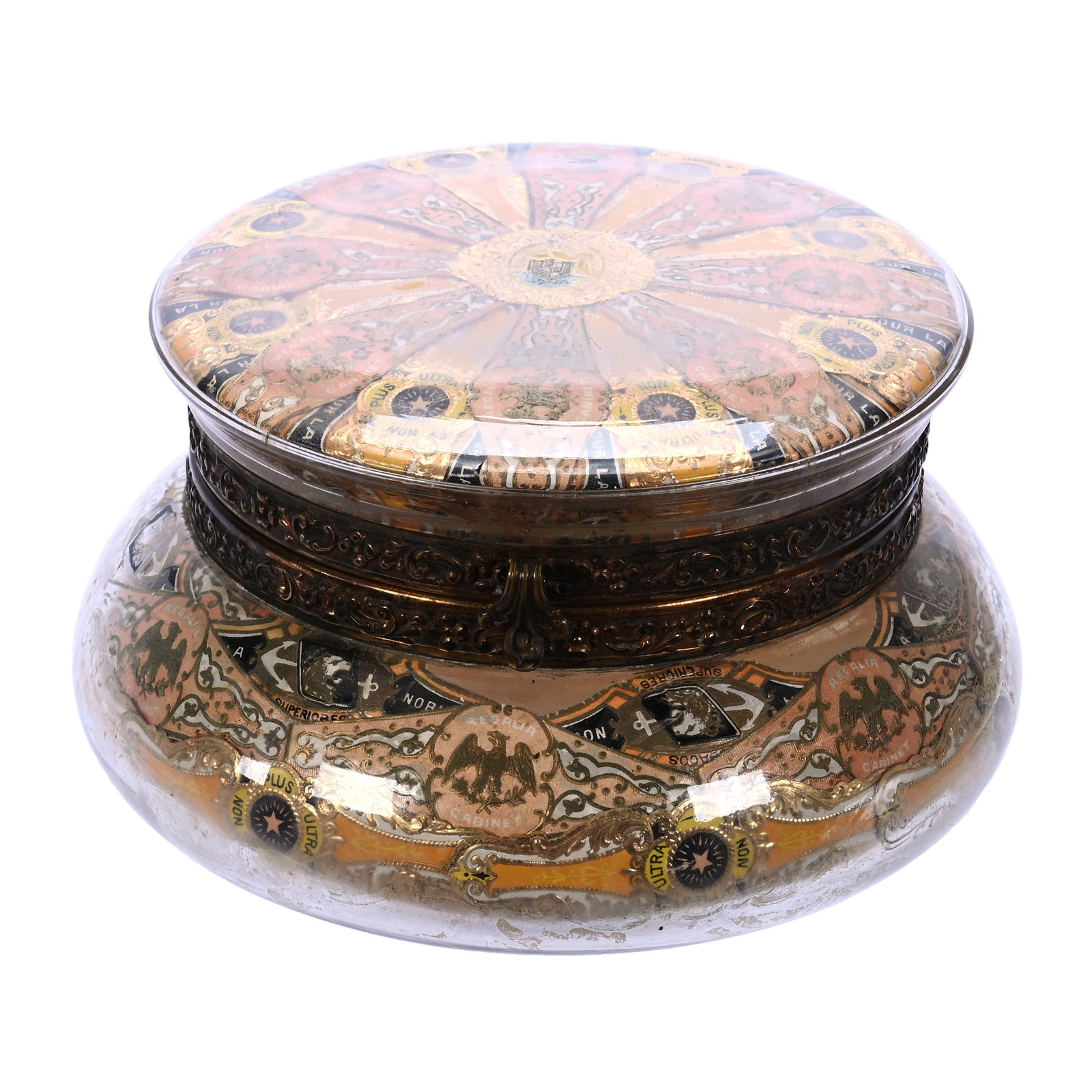 Jewel Box, Rare Crystal Cigar Band Decor By C.F. Monroe: 1.52 lbs, 3.25" x 6", Jewel Box, Rare Crystal Cigar Band Decor By C.F. Monroe, No Internal Lining, Armstrong Family Collection.